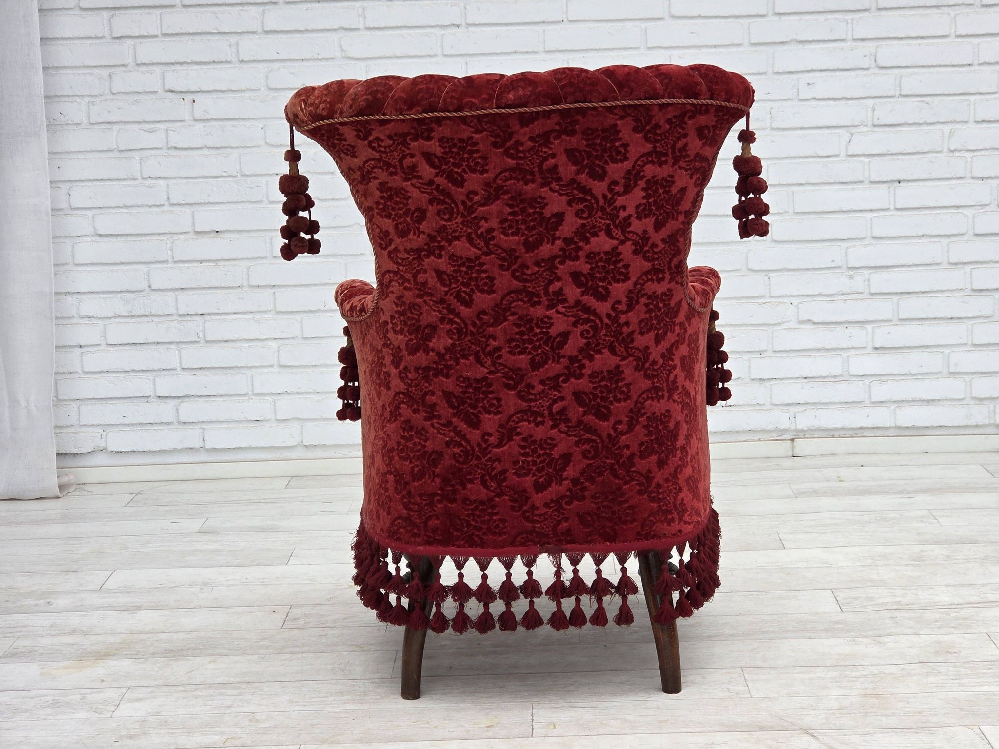 1950s, Danish armchair, furniture velour, beech wood legs.