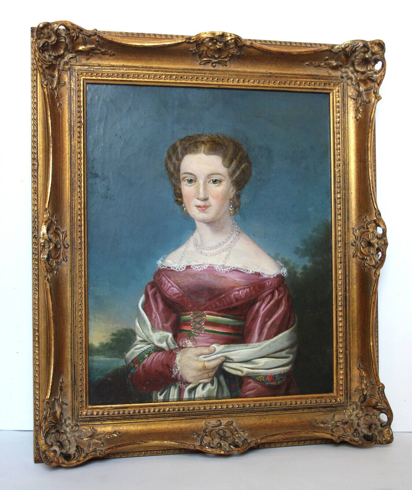 Elegant 19th-Century Portrait of a Lady – Oil on Canvas, Gilded Frame