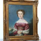 Élégant portrait de dame du XIXe siècle – Huile sur toile, cadre doré