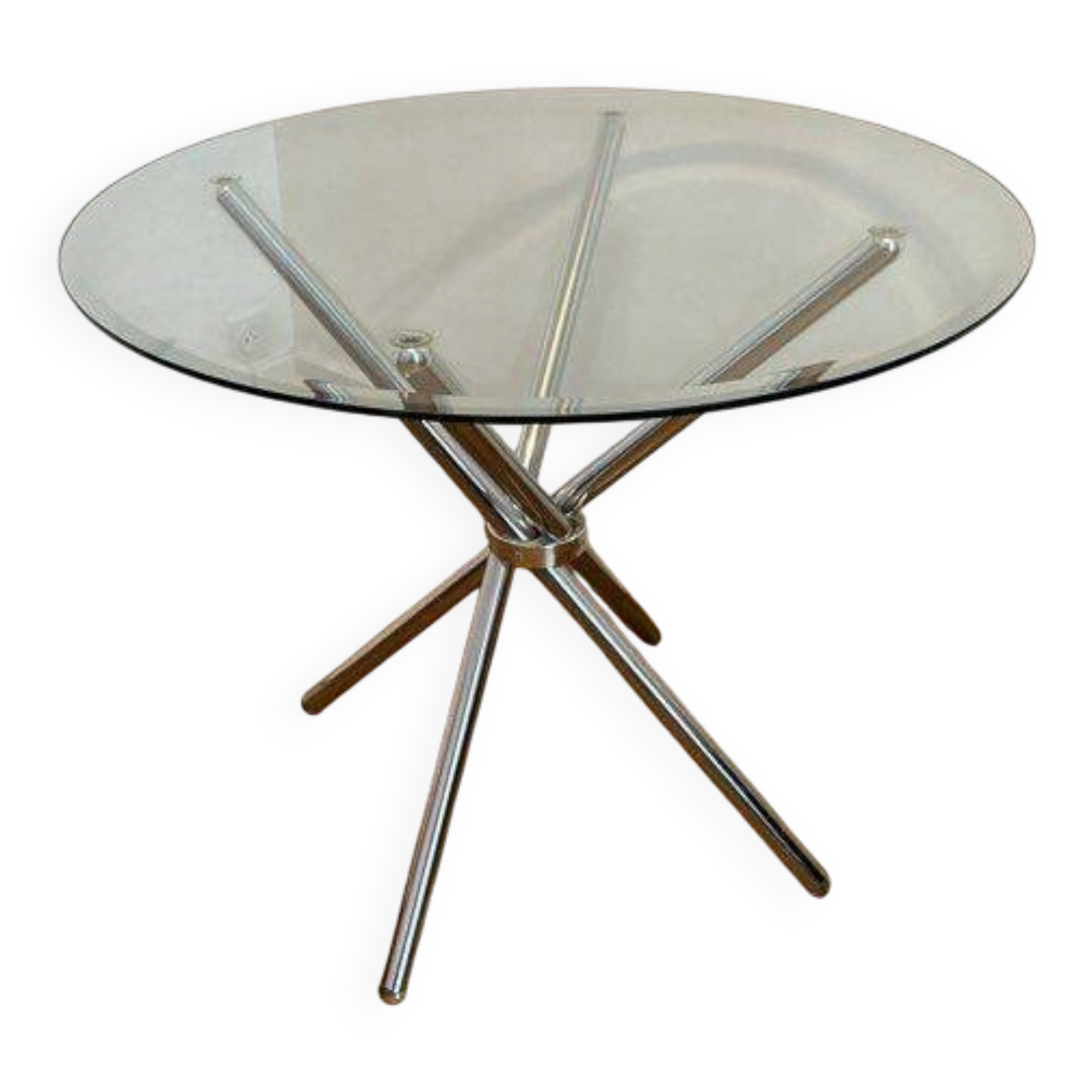 Round glass dining table with a chrome central base.