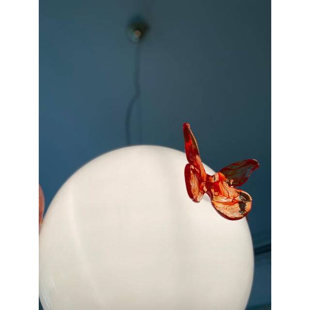 Italian Murano Style Glass Opalino Pendant With Red Butterfly