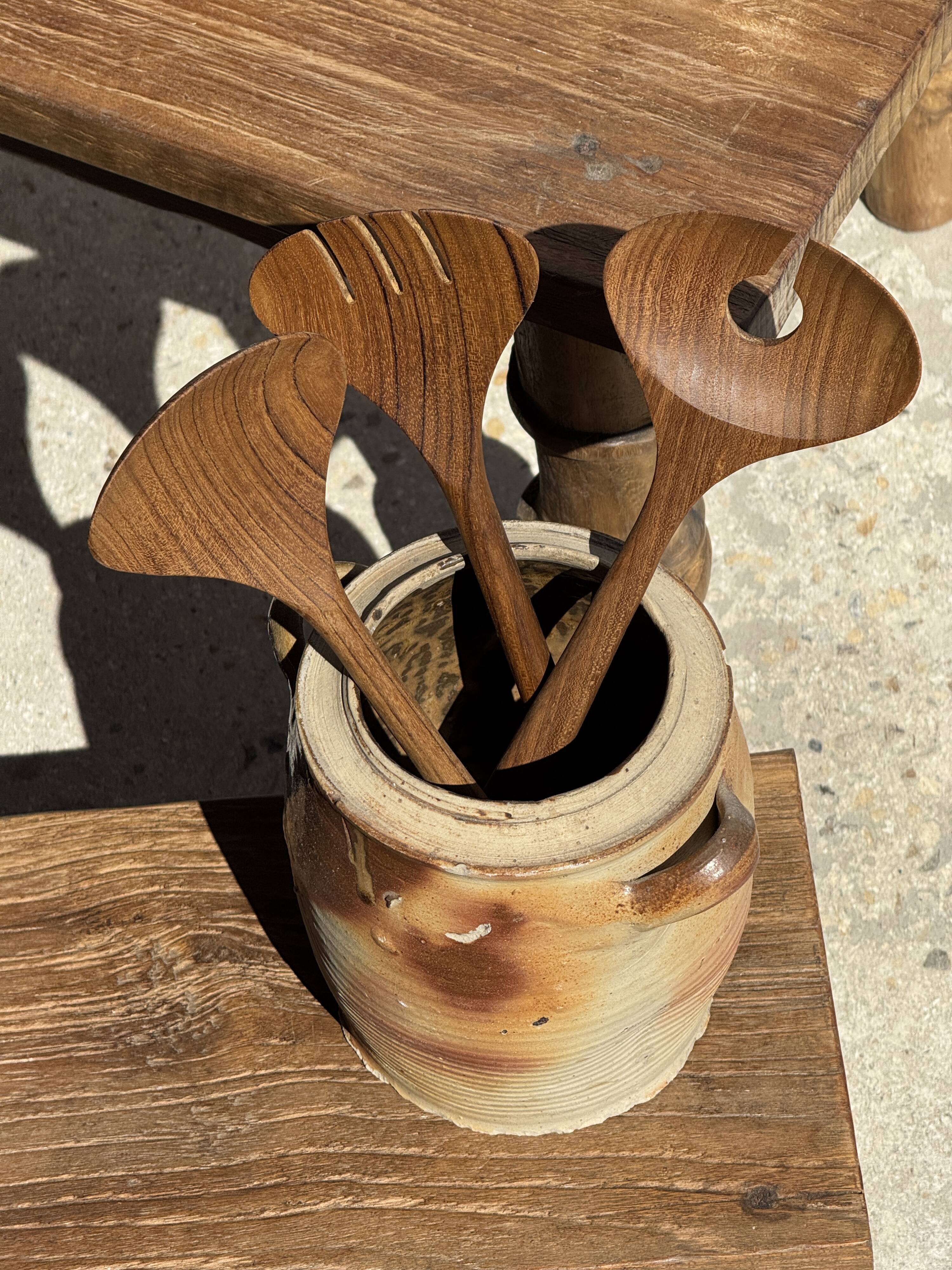 Salad server or large teak spoon, oval shape, split, L30 D9