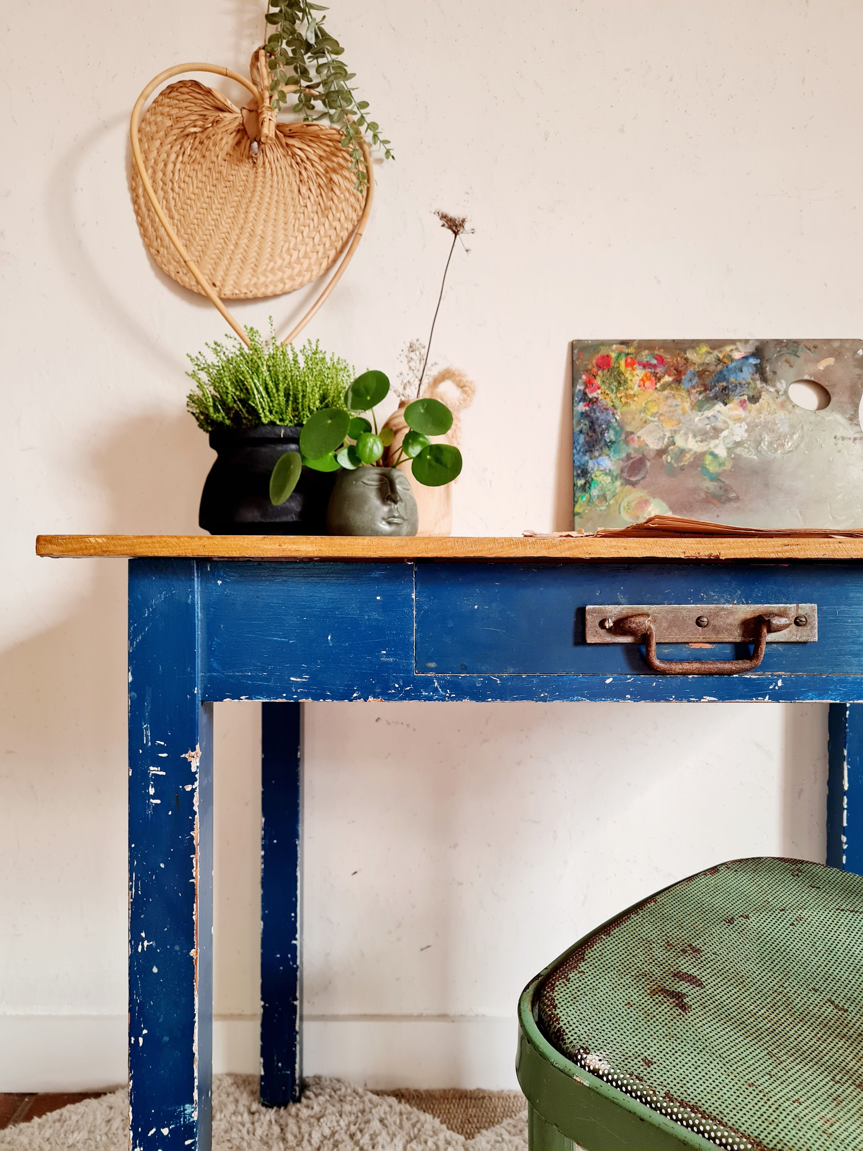 Ancient blue pie wooden workshop table