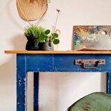 Ancient blue pie wooden workshop table