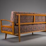 Méridienne vintage en bois de cerisier et laine de Knoll Antimott, années 1950-1960