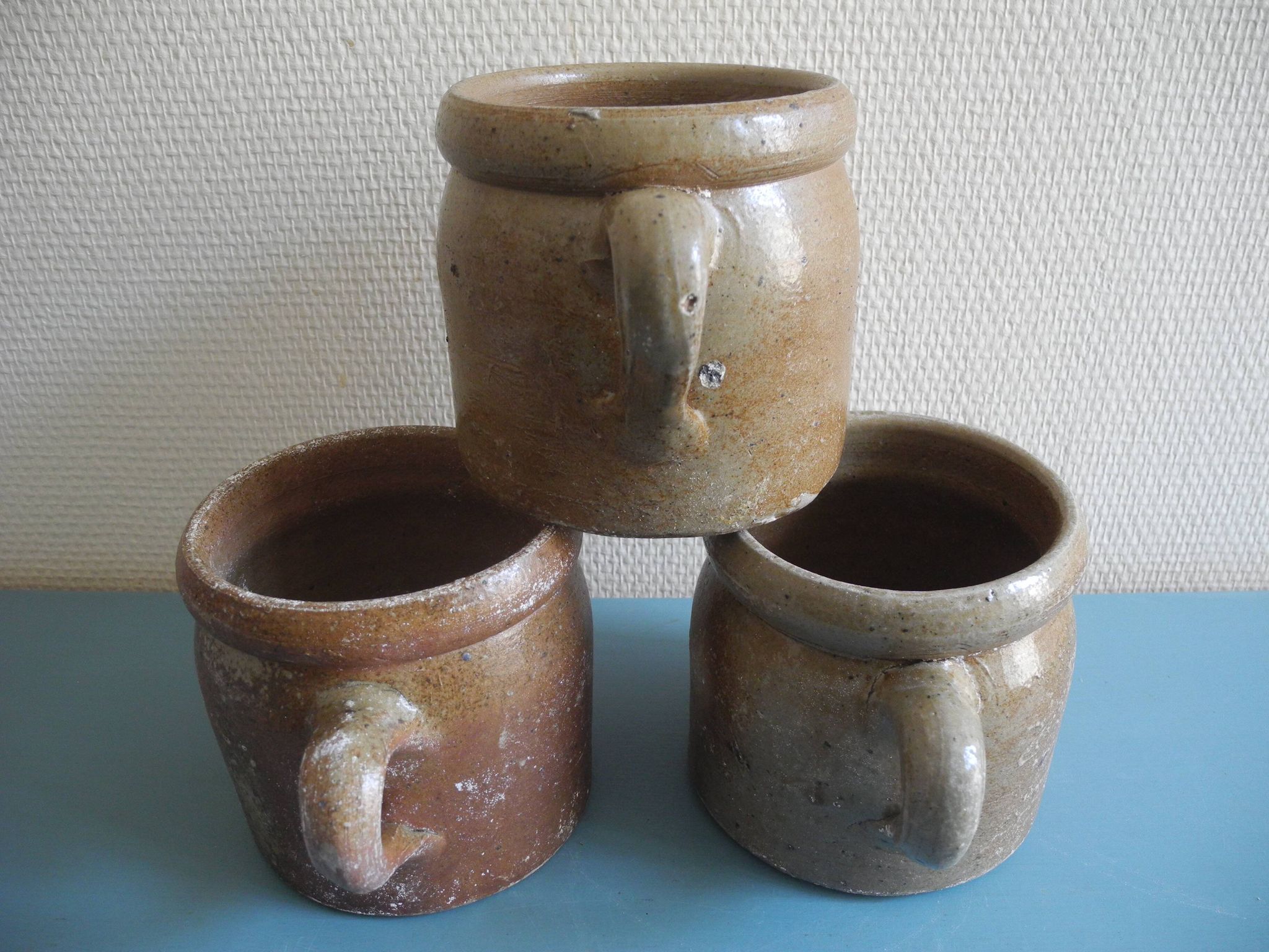 Lot of antique rustic stoneware pots, old French stoneware pots