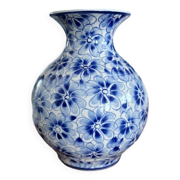 Vase céramique bleu et blanc motif fleuris en forme de boule vintage