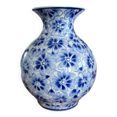 Vase céramique bleu et blanc motif fleuris en forme de boule vintage