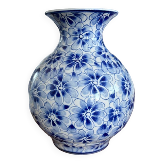 Vase céramique bleu et blanc motif fleuris en forme de boule vintage