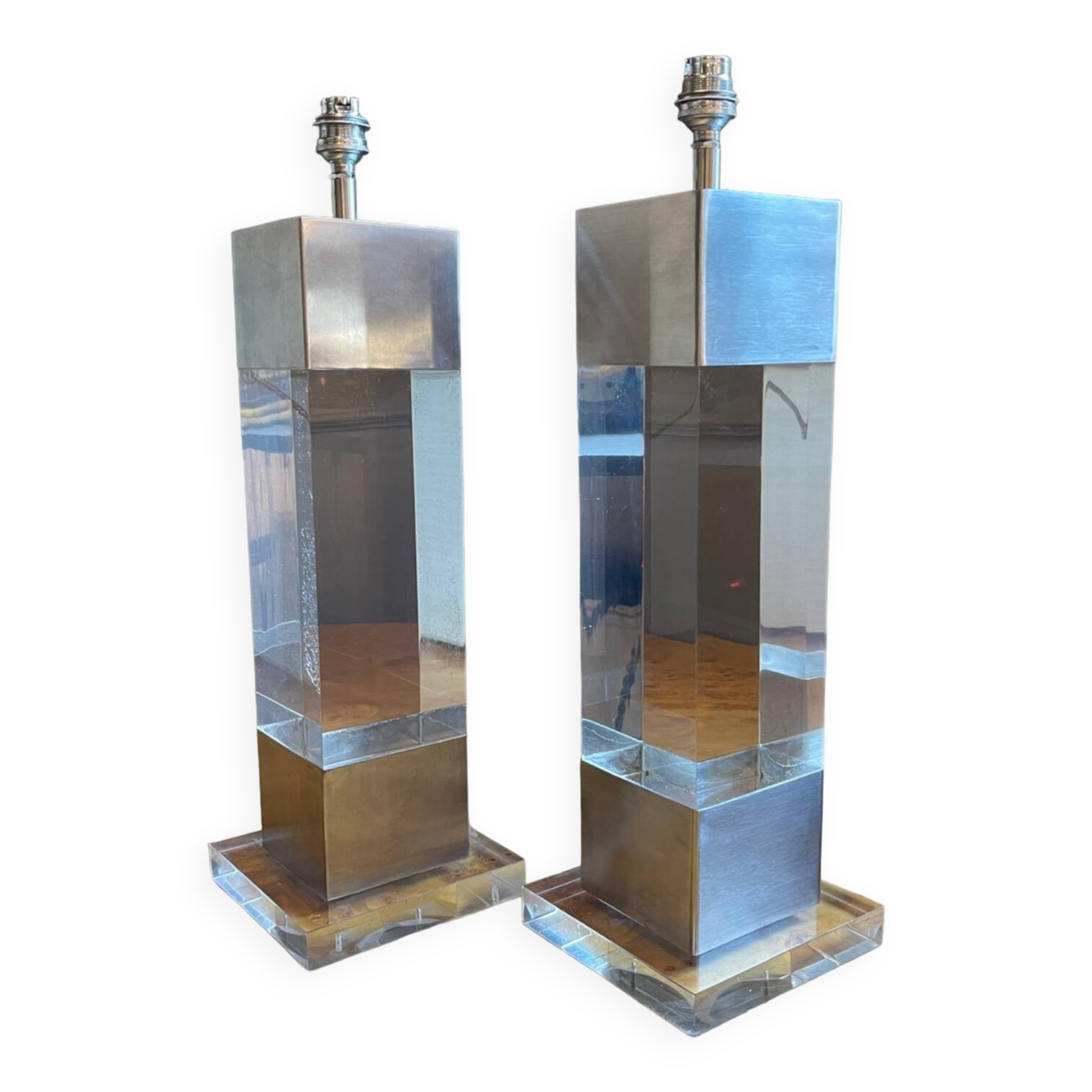 Pair of Plexiglass & Brushed Steel Lamps, Charles Hollis Jones, 1970s