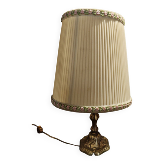 Vintage brass bedside lamp with pleated shade, 20th century