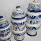 Set of three covered apothecary pots, Malva, Pinus, Salvia in glazed ceramic