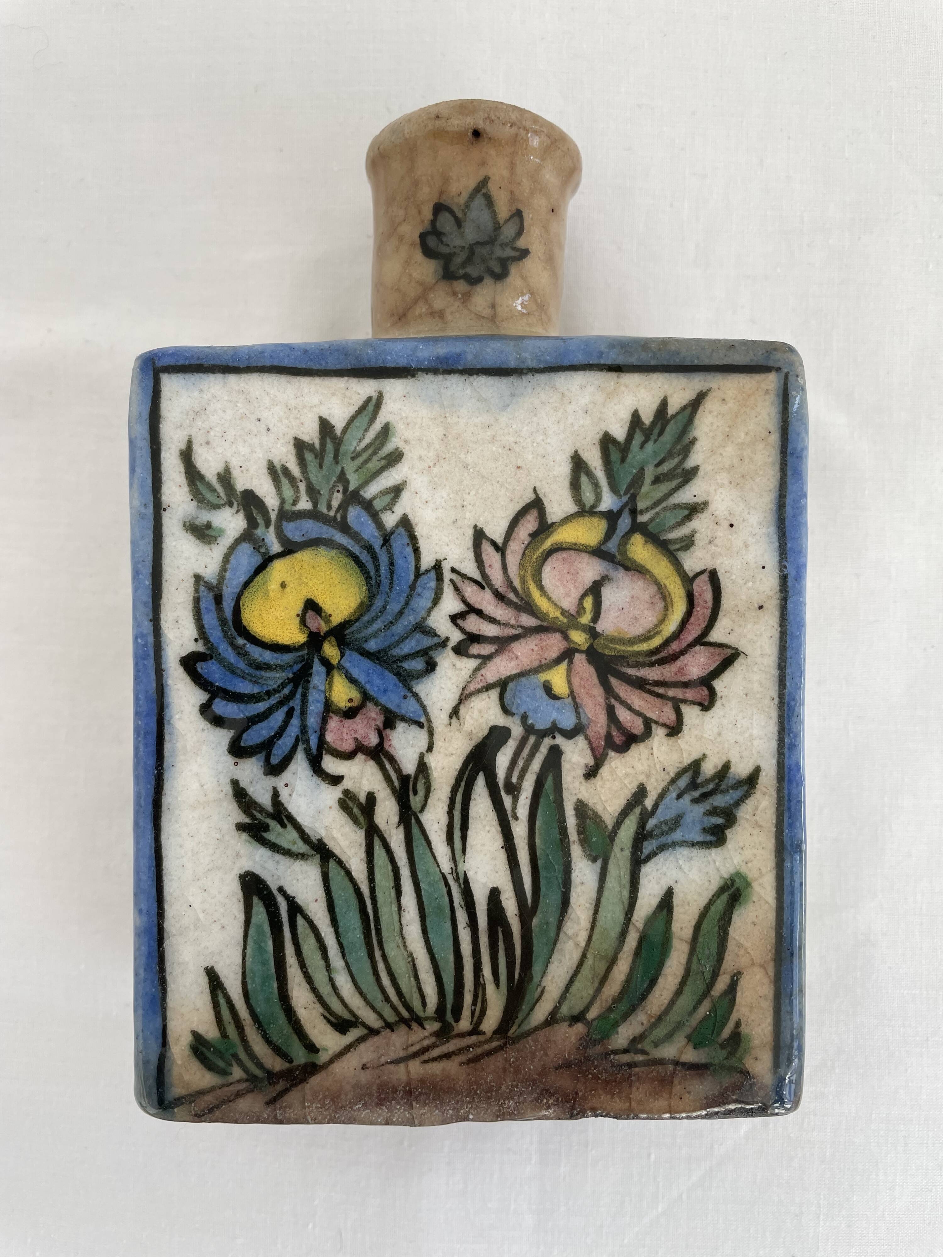 Persian bottle, antique vase with polychrome flower decoration, Kagjar style, antique ceramic