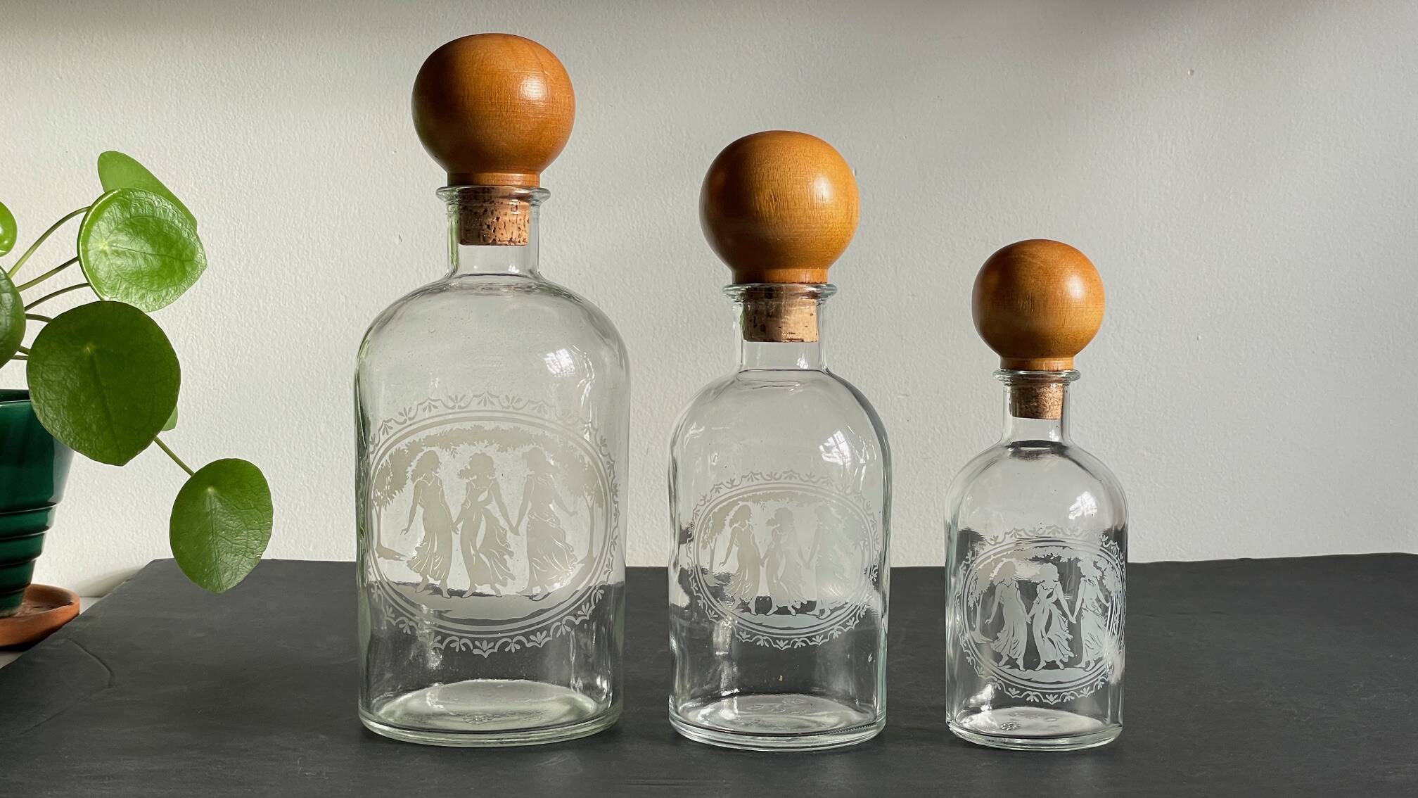 BOTTLES Engraved Glass and VINTAGE Wood