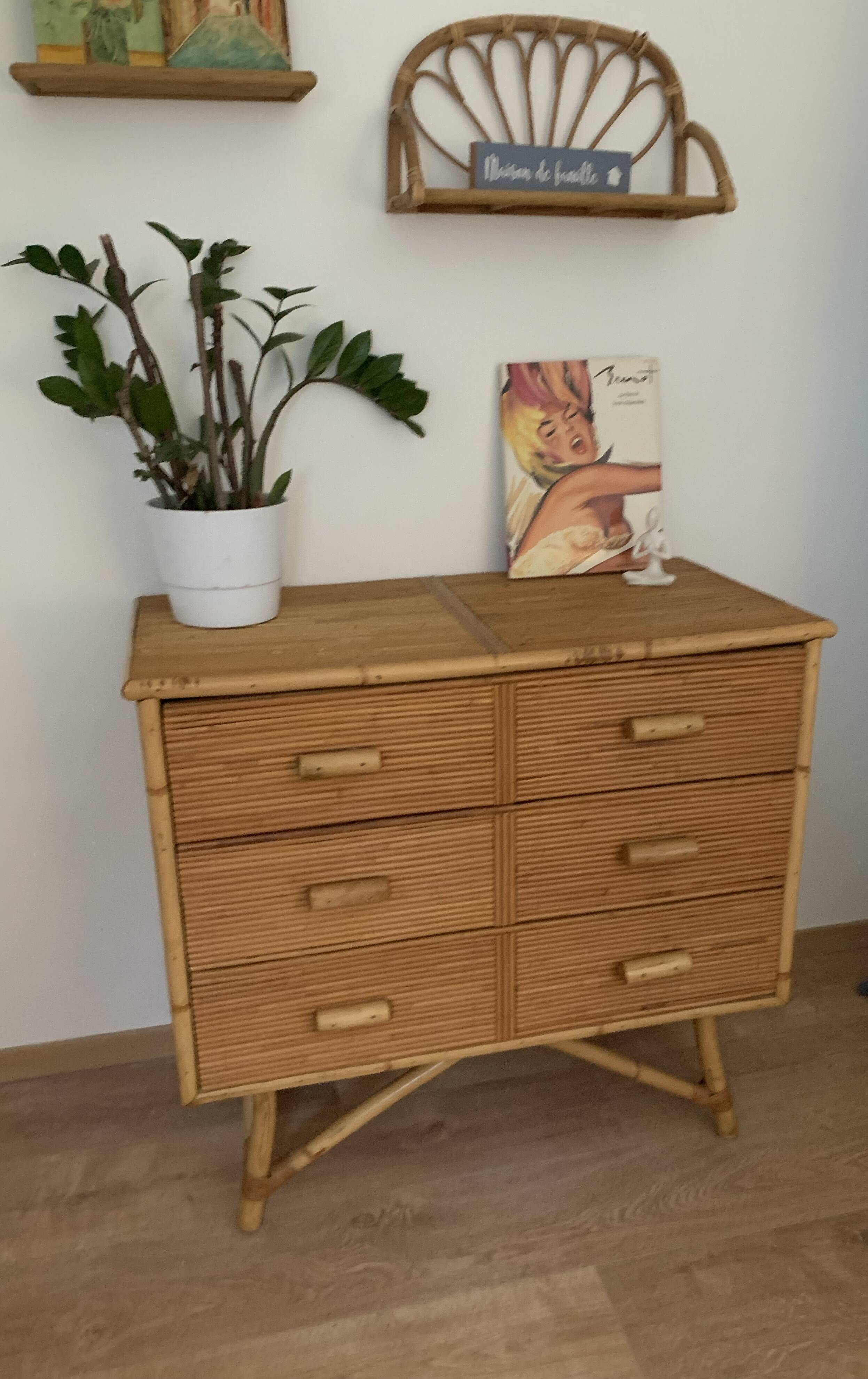 3-drawer rattan/bamboo chest of drawers attributed to Adrien Audoux and Frida Minnet. Circa 1950