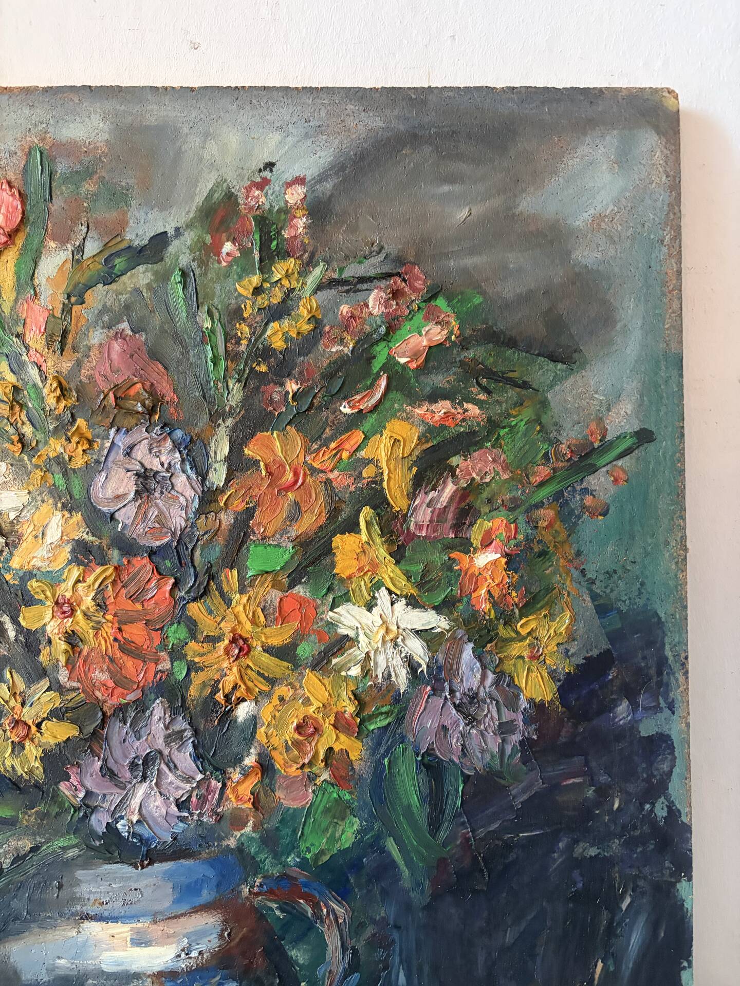 Still life, bouquet, oil with a knife on panel, signed.