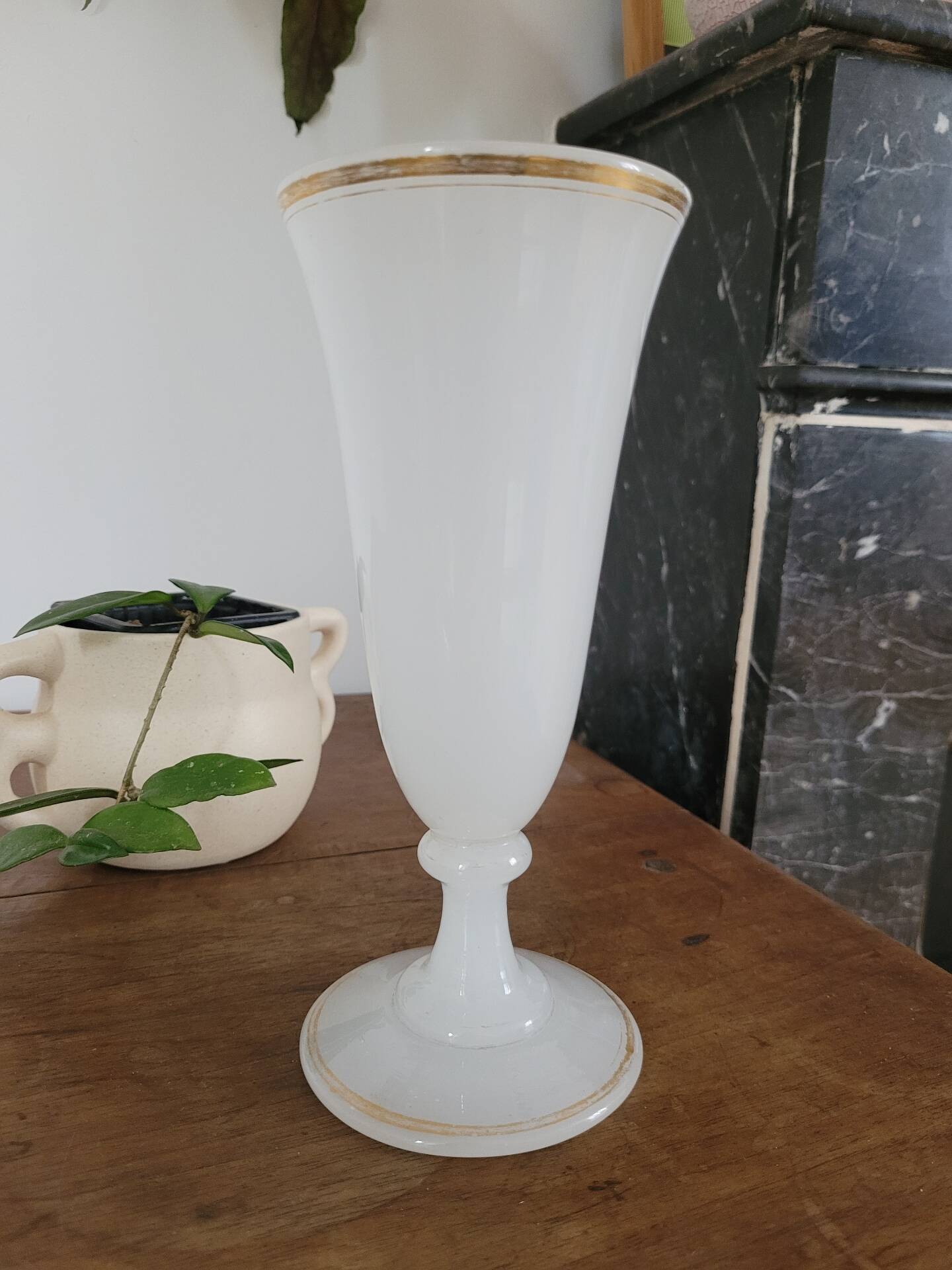 White opaline bowl with golden trim