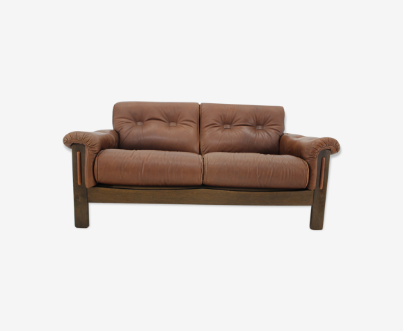 1970s Brown Leather 2-Seater Sofa , Denmark