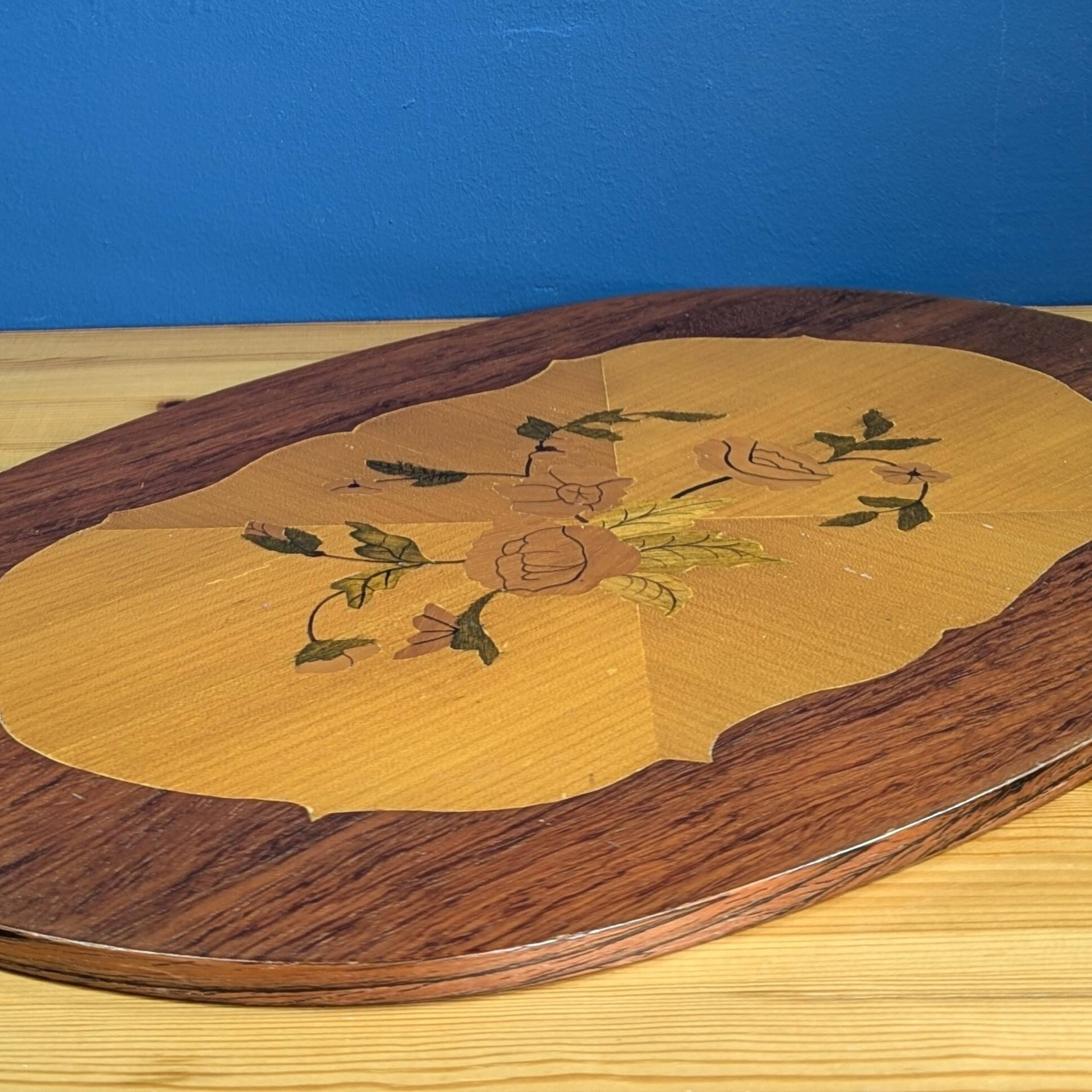 Large oval wooden tray with floral marquetry 50cm
