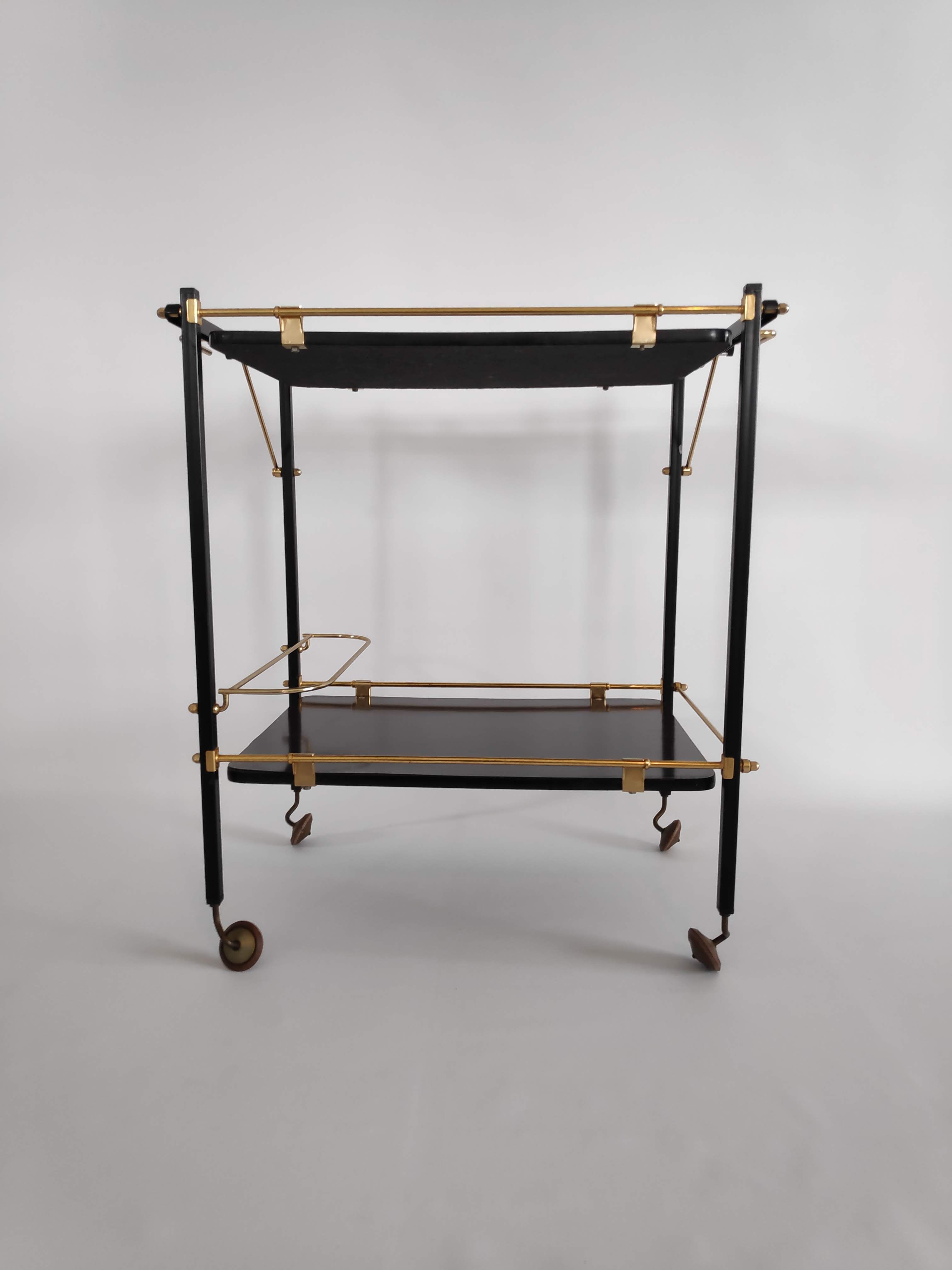 Side table with wheels in gilded metal and laminated veneer from the 70s