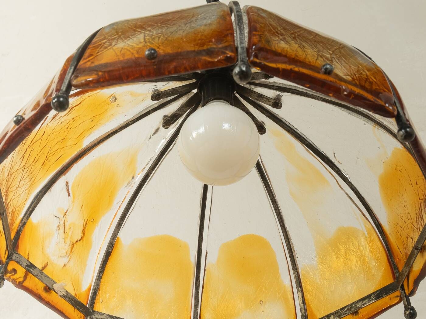 Brutalist ceiling lamp from the 1970s with orange glass shade