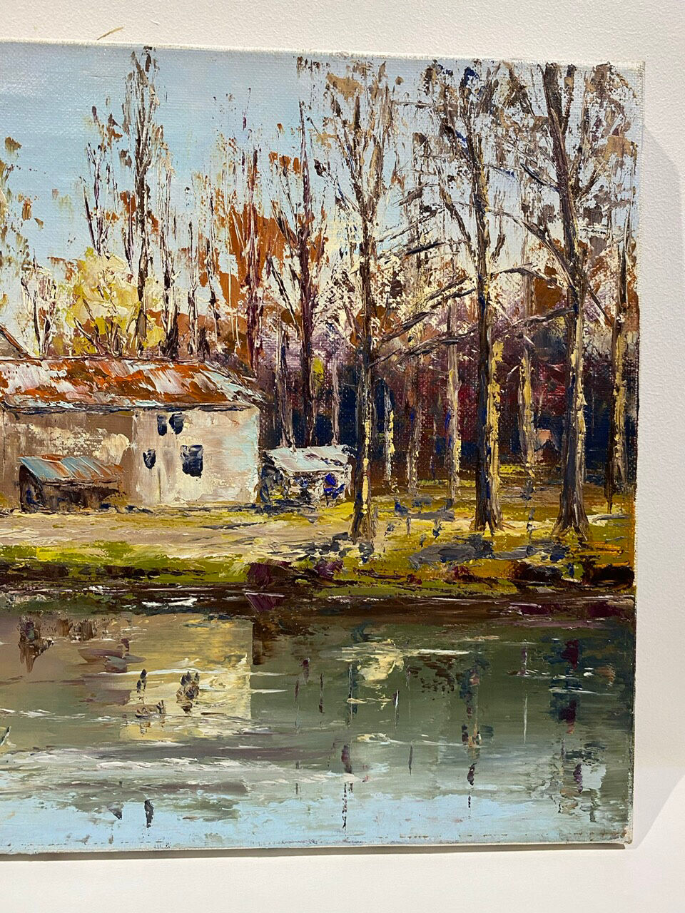 Old painting, landscape with the river signed J Micault dated 1985