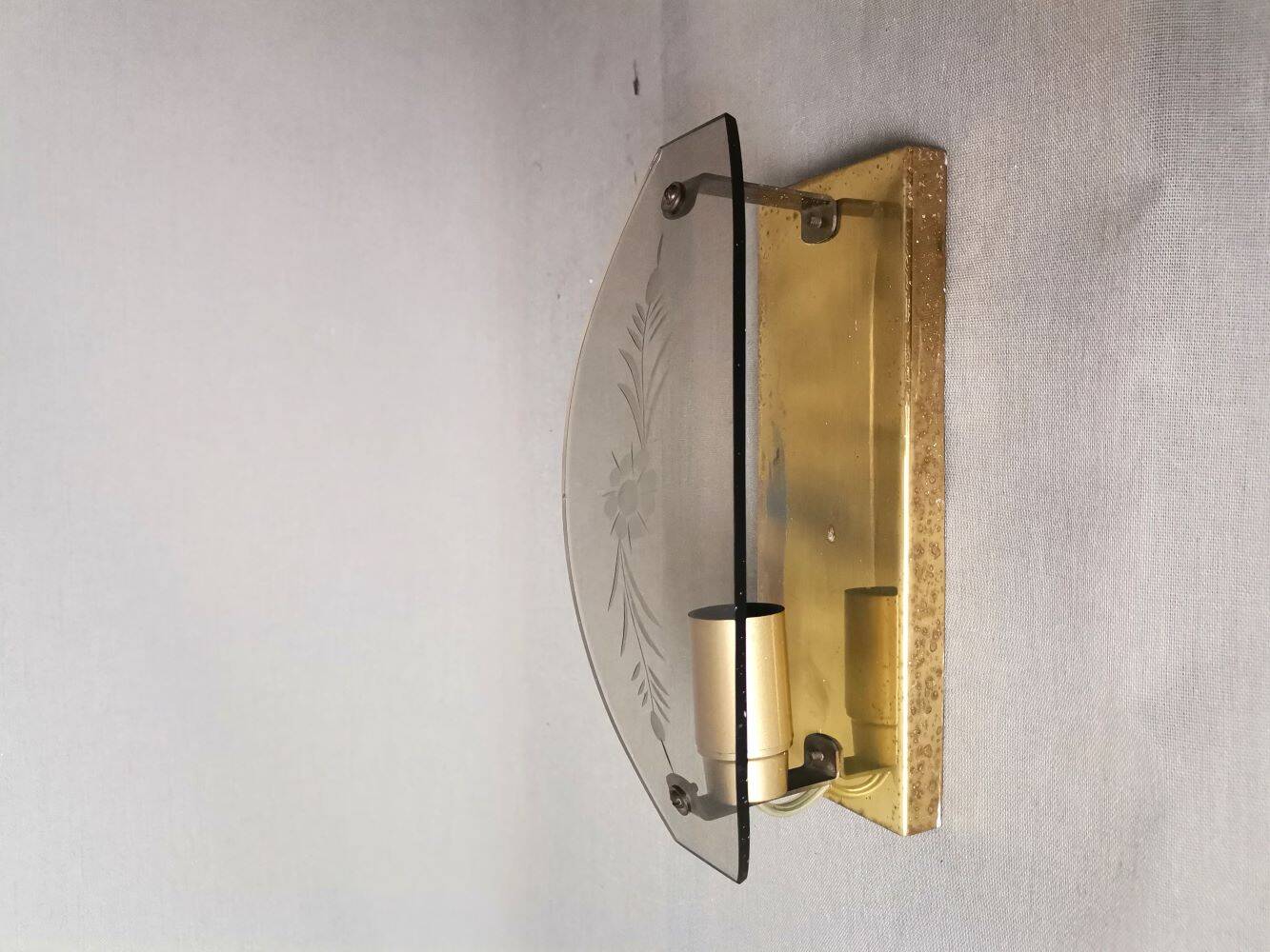 Set of 3 smoked glass and brass wall sconce lamps