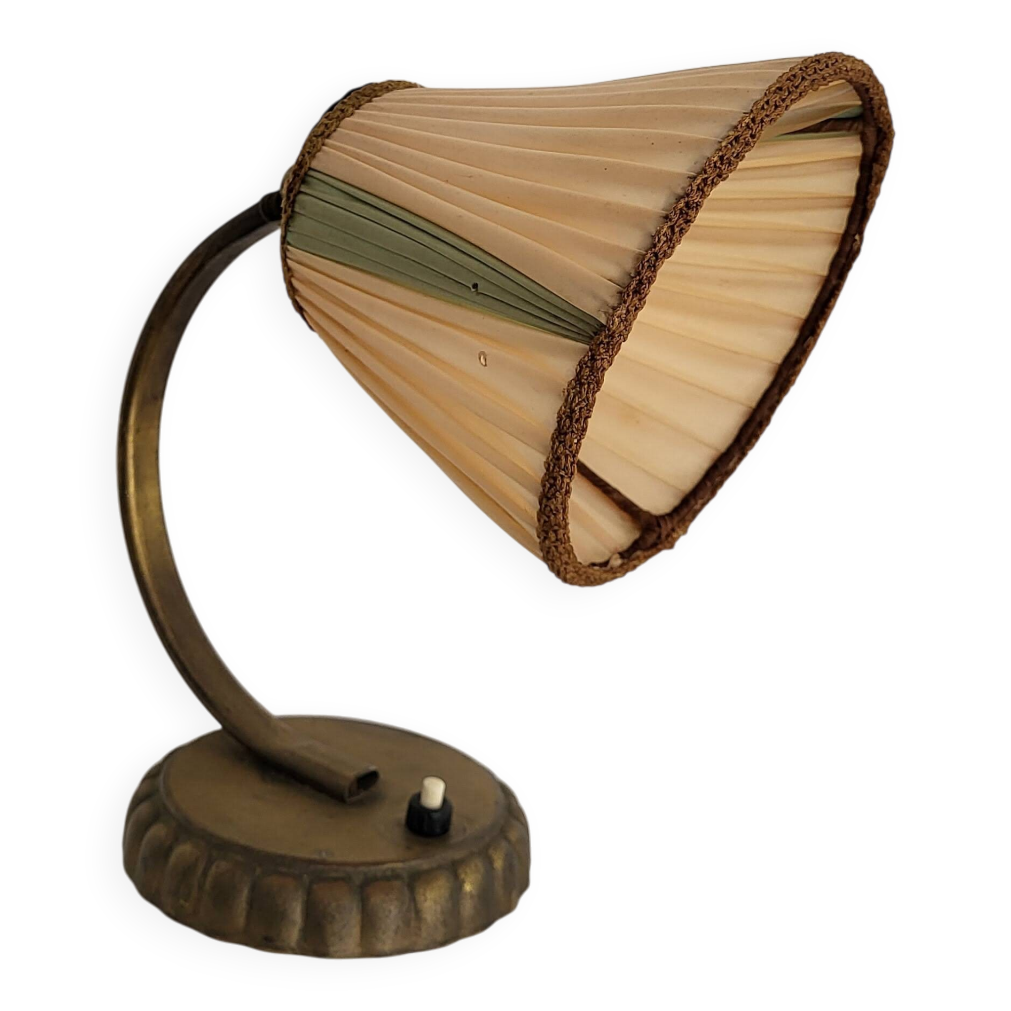 Vintage 1950s Brass Desk Lamp - Cream and Green Lampshade - Mid