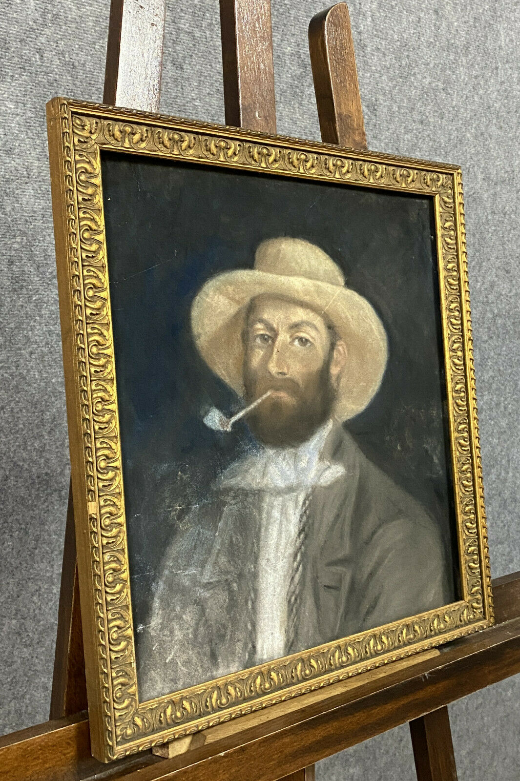 French school around 1900 the man in pastel hat on a black background
