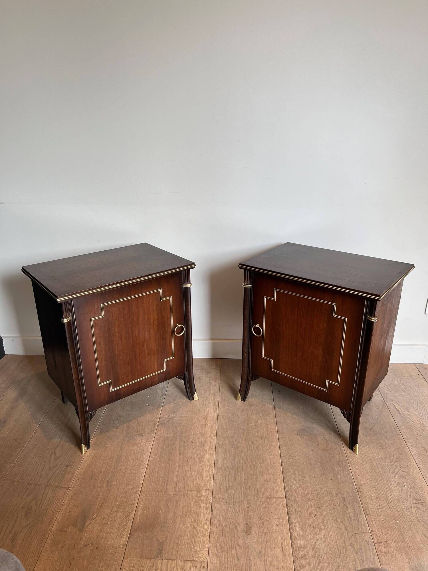 Pair of Occasional Tables with Mahogany Doors and Brass Inlays. Work F