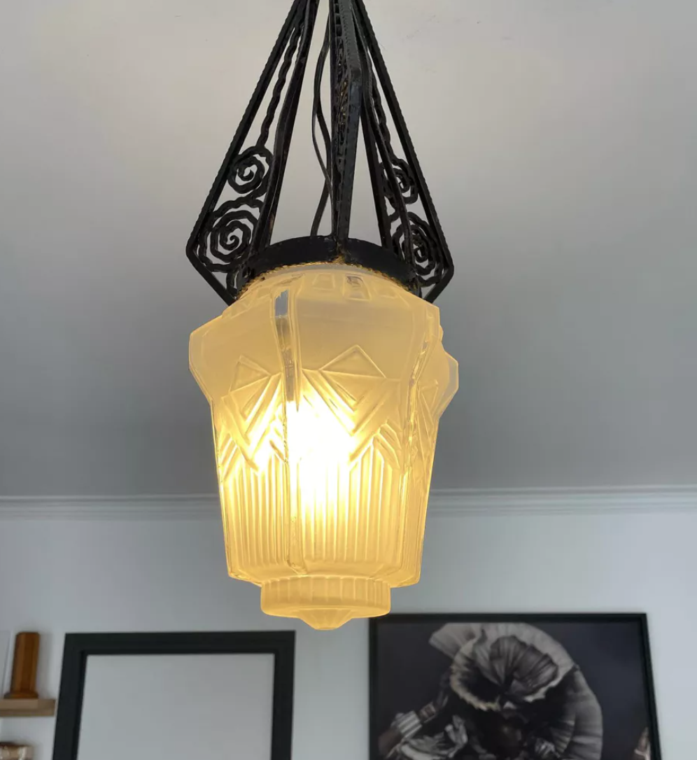 Hanging lamp in wrought iron and pressed molded glass, art nouveau