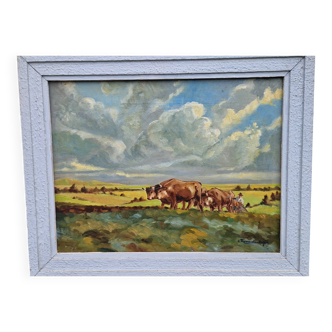Oil painting landscape and herd of cows