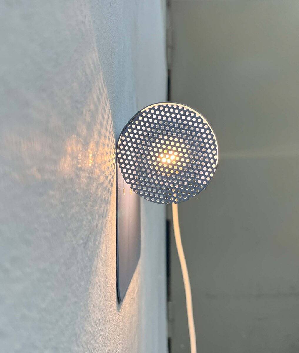 Light blue perforated metal suspension by Abo Randers, Danish postmodern, 1980s.