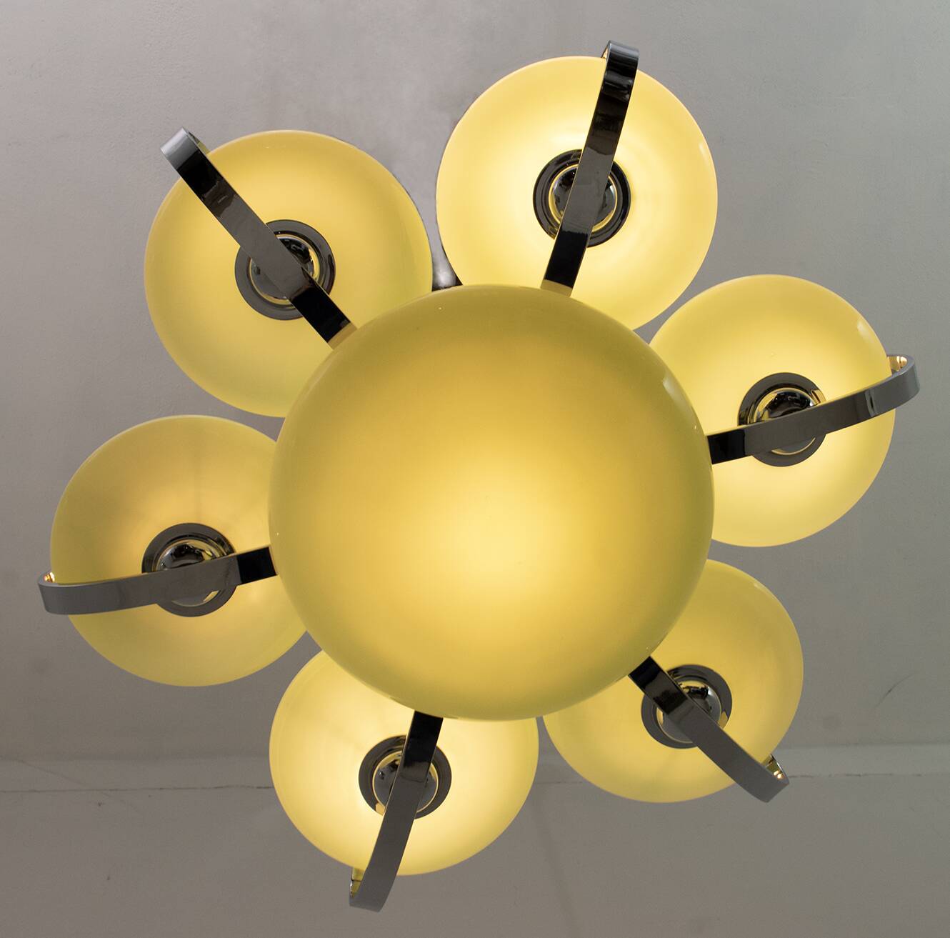 Art Deco Italian Chrome and "Incamiciato" Glass Chandelier, 1930s