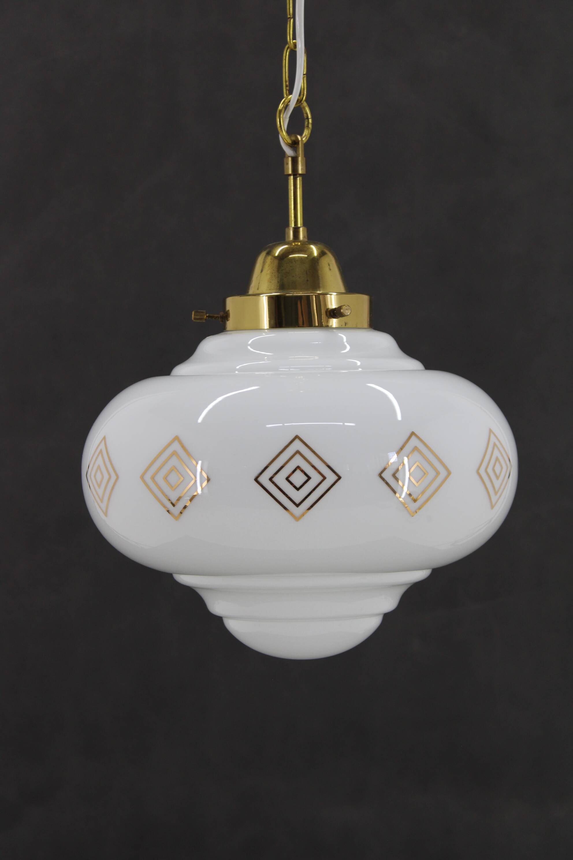 1970s Glass Pendant Light with Brass Chain , Czechoslovakia