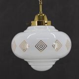 1970s Glass Pendant Light with Brass Chain , Czechoslovakia