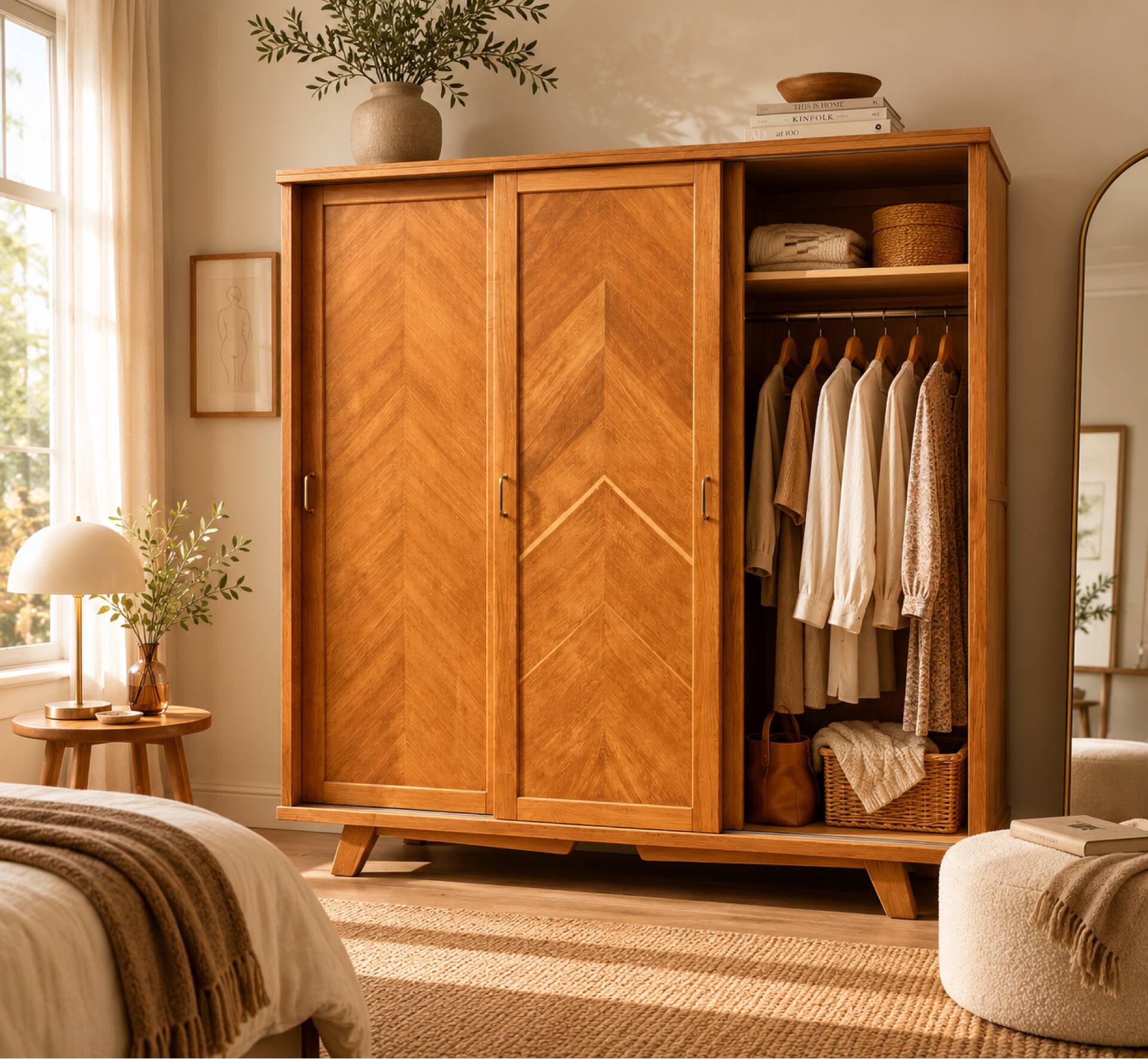 Parisian wardrobe with sliding doors, solid raw oak, 1960.