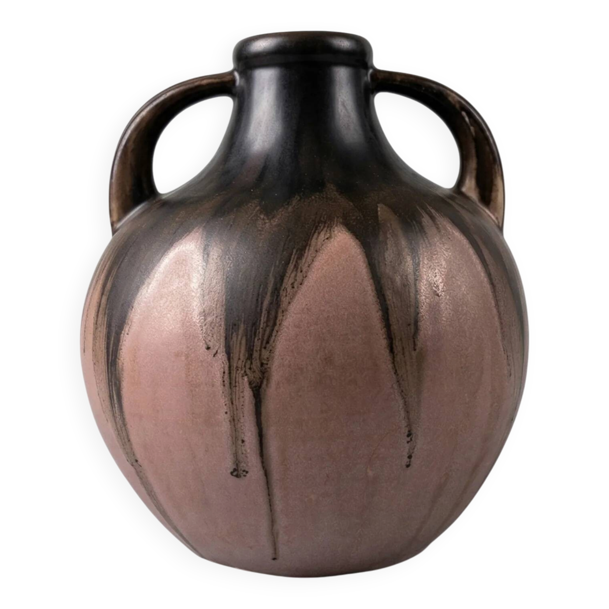 Vase en grès signé Méténier, double anse, émail flammé rose et noir