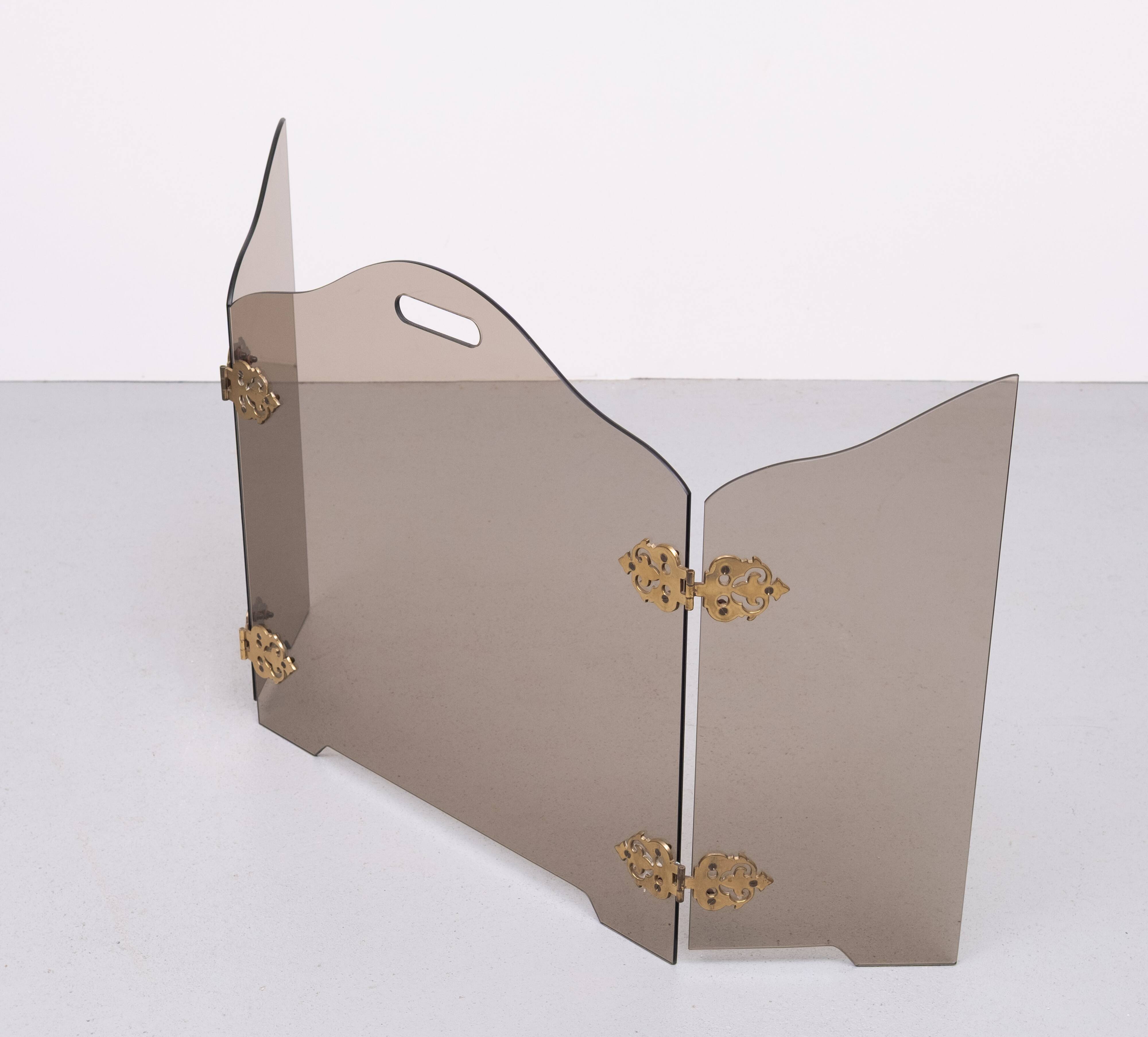 Triptyque pliant en verre fumé, pare-feu des années 1950
