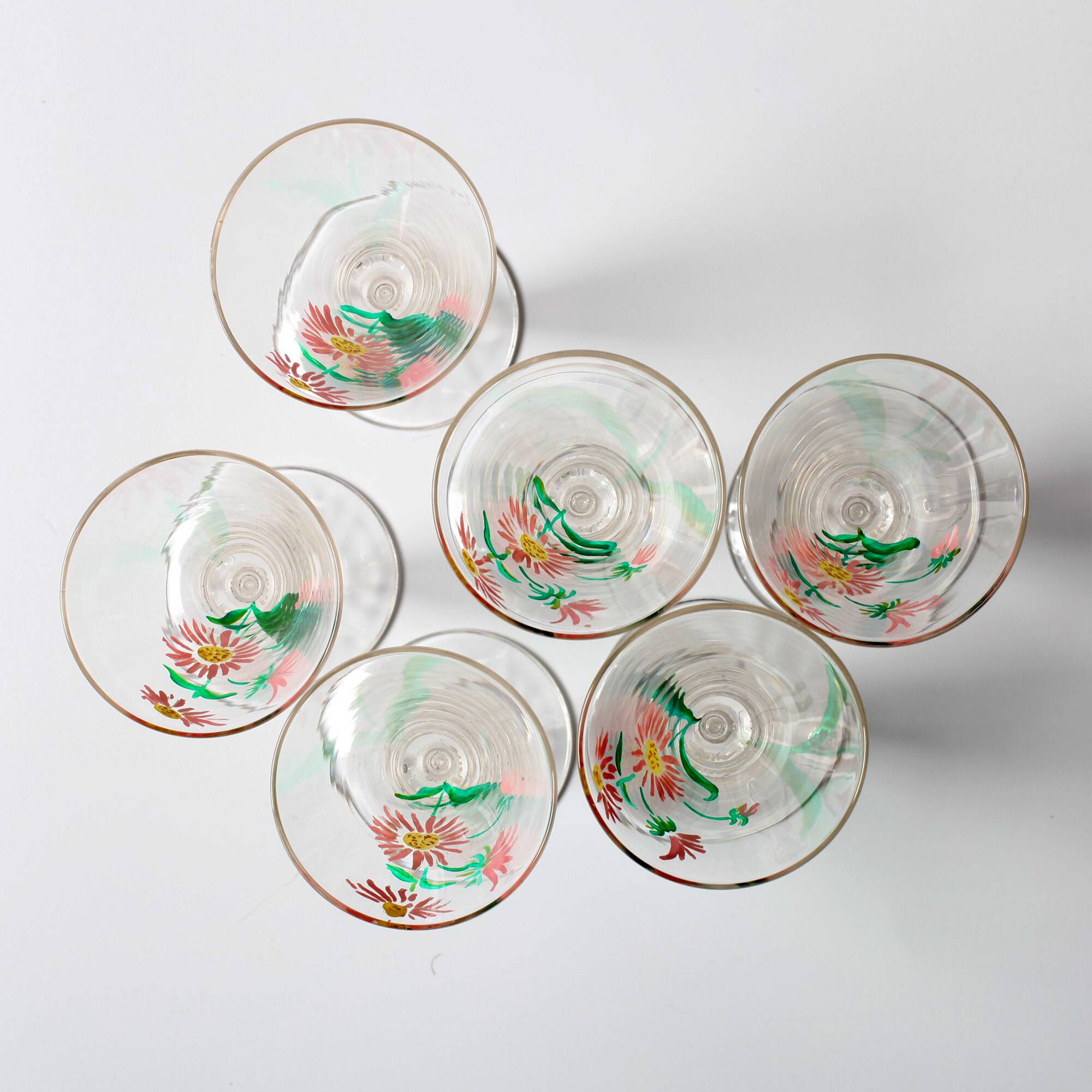 Set of 6 Mid-century Rare Floral Design Champagne Flutes / Italy / 1960s