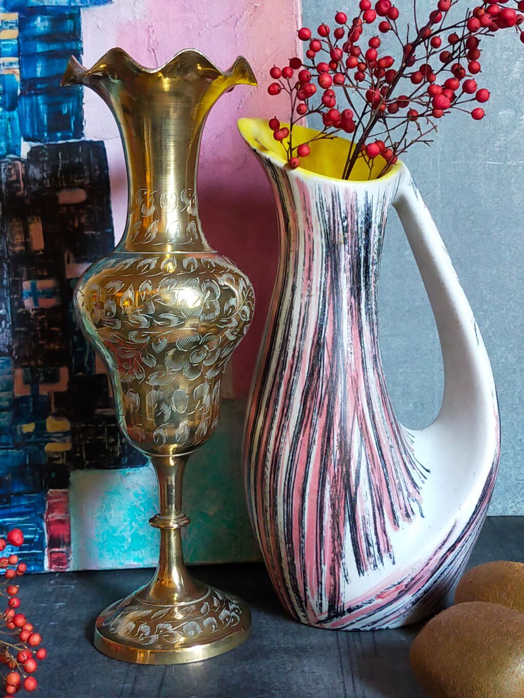 Free-form ceramic vase by R. Dupanier with abstract decoration from the 50s