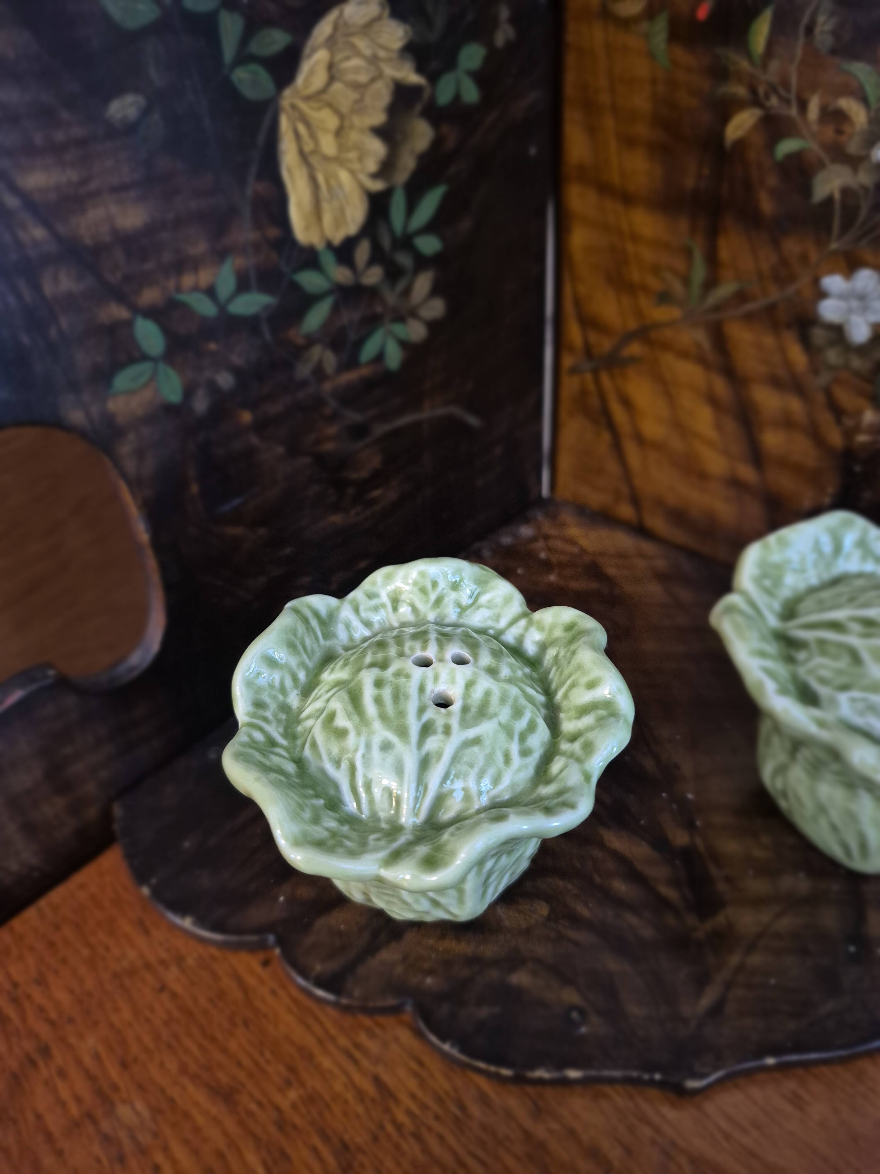 Vintage cabbage barbotine salt and pepper shaker duo