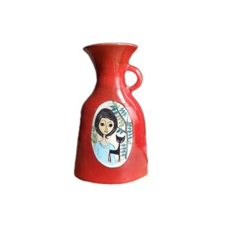 Vintage Français années 1960 Jean de Lespinasse, JdL 330, Vase ovale émaillé rouge avec portrait féminin.