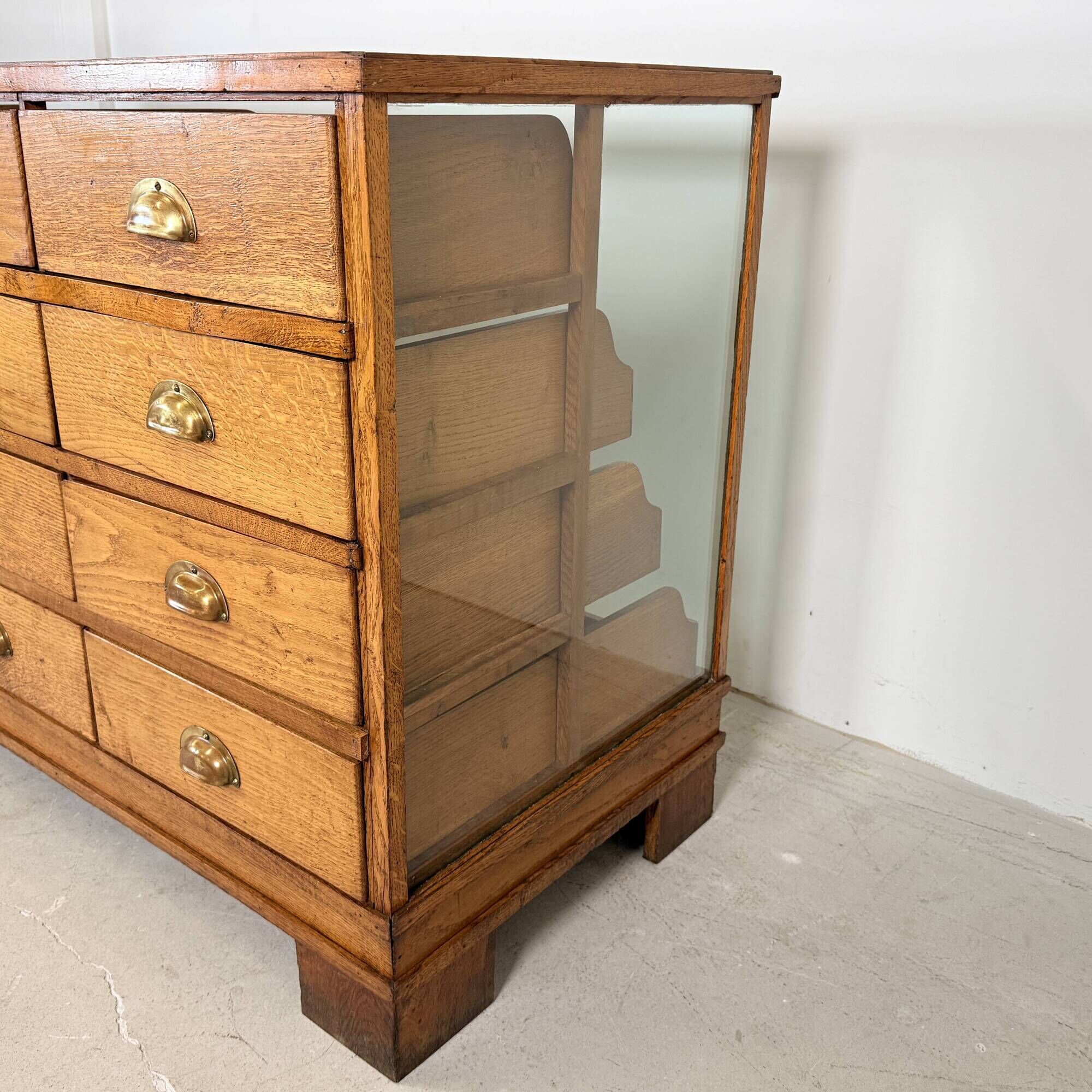 Solid Oak Haberdashery Glass Showcase with 16 Drawers – ca. 1940s