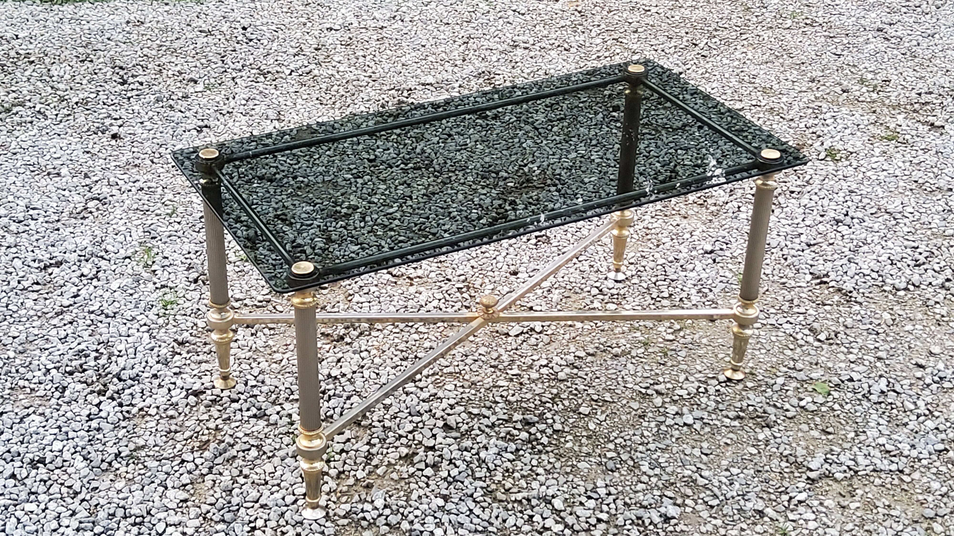 Coffee table of the 70s in neo-classical style gilded metal base and chrome smoked glass top