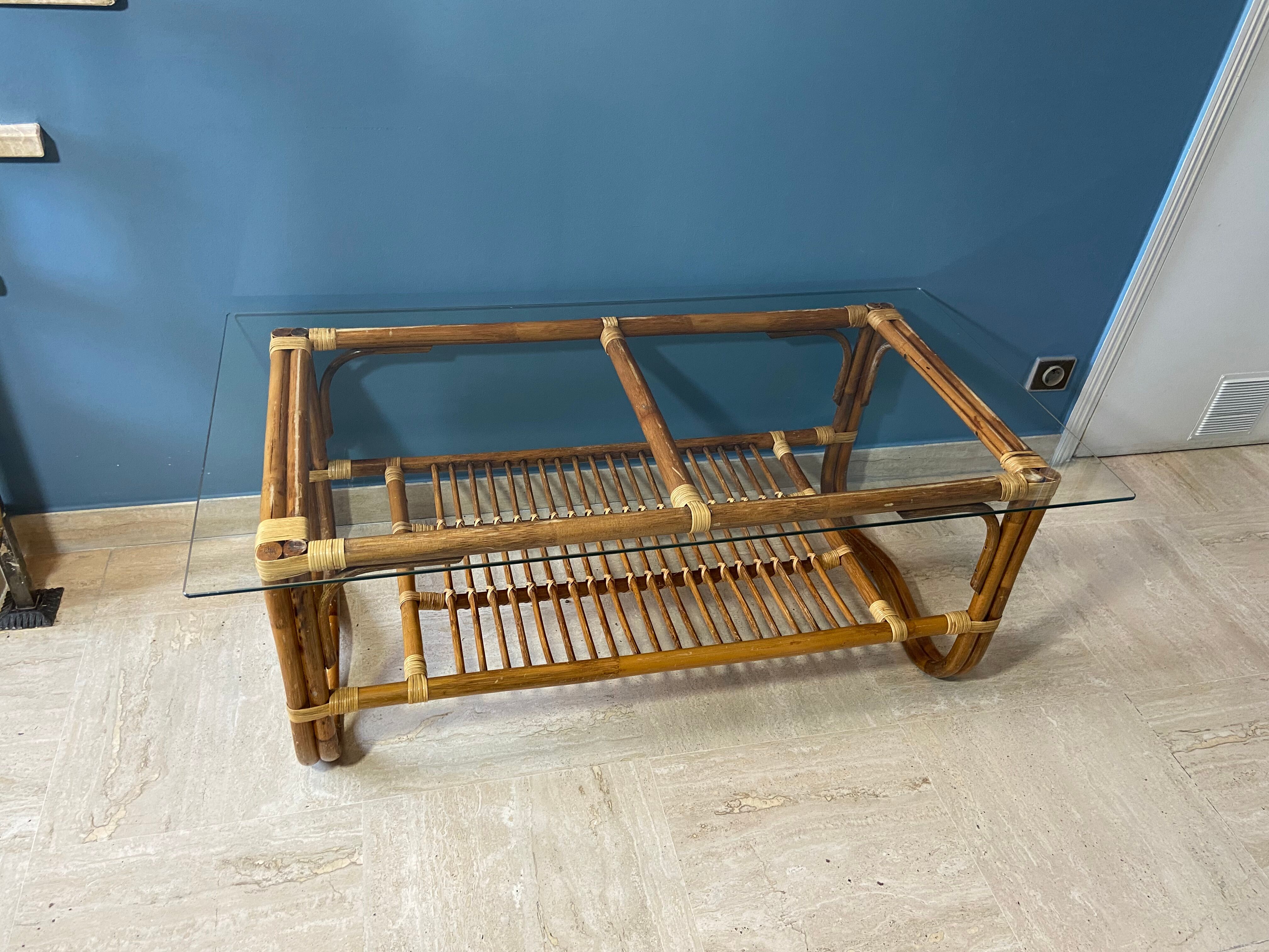Vintage rattan and glass coffee table