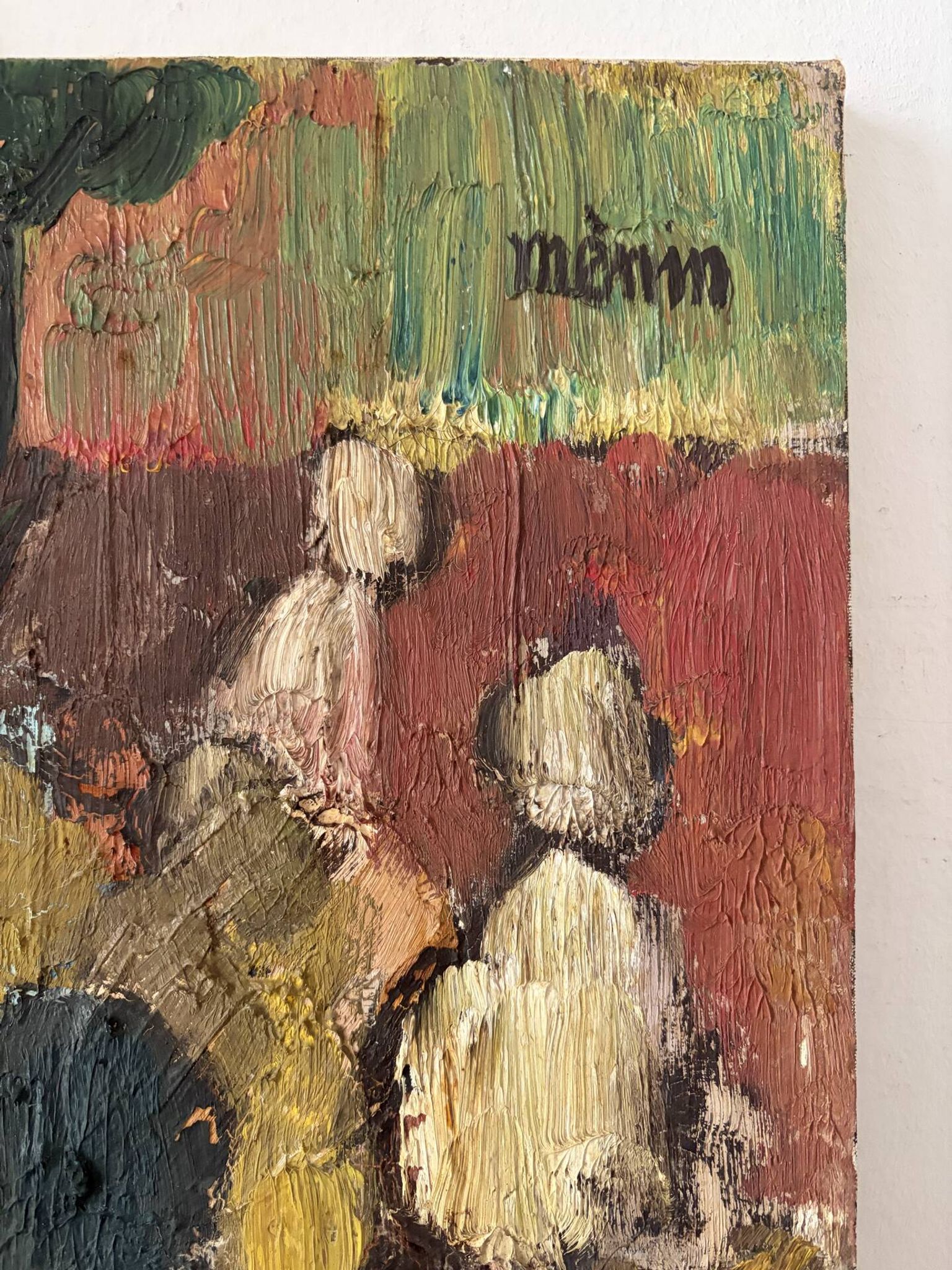 Abstract characters, knife oil, signed Menin.