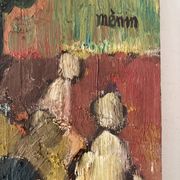 Abstract characters, knife oil, signed Menin.