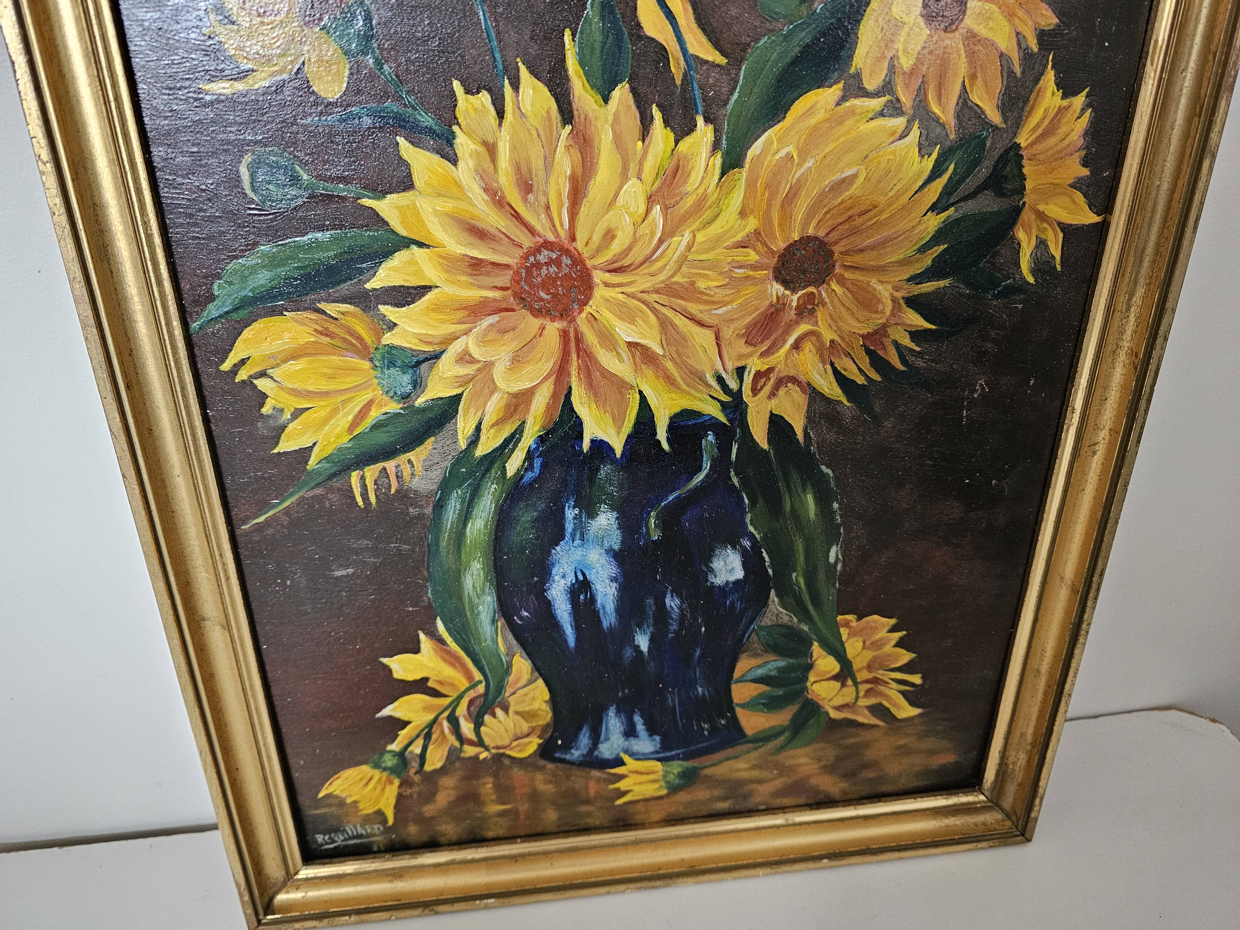 Oil painting on Isorel - Bouquet of yellow flowers Signed Rervillard