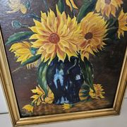 Oil painting on Isorel - Bouquet of yellow flowers Signed Rervillard